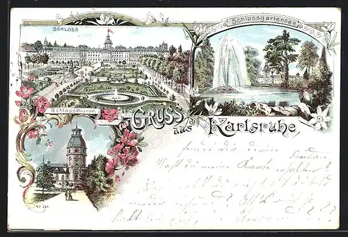 Lithographie Karlsruhe, Schloss, Schlossturm u. -gartensee