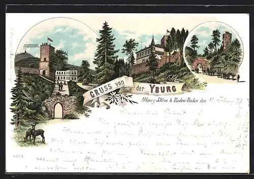 Lithographie Yburg b. Baden-Baden, Gruss von der Burg mit dem Grossherzog Friedrichsthurm