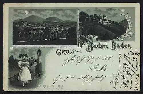 Lithographie Baden-Baden, Ebersteinschloss, Frau in Tracht, Ortsansicht