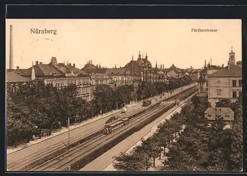 AK Nürnberg, Fürtherstrasse mit Strassenbahn und Dampfzug