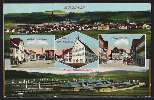 AK Münsingen, Neues Barackenlager, Bahnhofstrasse, Partie mit Rathaus, Hauptstrasse
