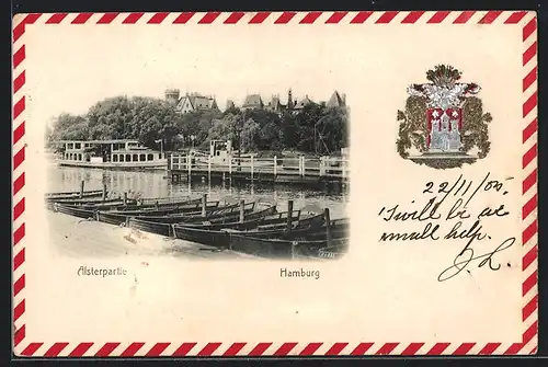 Passepartout-Lithographie Hamburg, Alsterpartie mit Panorama, Wappen