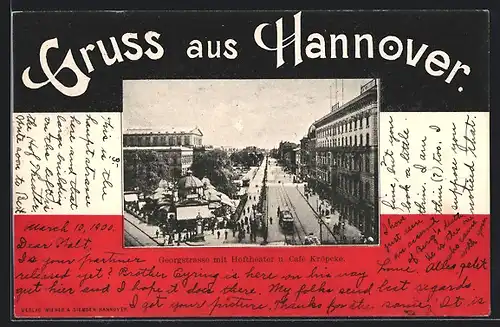 AK Hannover, Georgstrasse mit Cafe Kröpcke, Hoftheater und Strassenbahn, Fahne, Passepartout