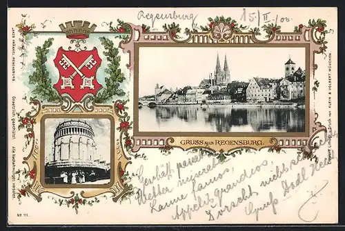 AK Regensburg, Totalansicht der Ortschaft, Wappen