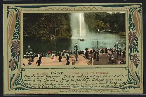 AK Wiesbaden, Kursaalweiher mit Fontaine, Passepartout