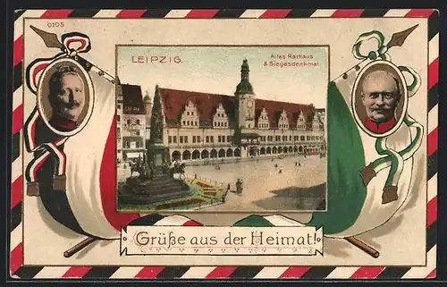 AK Leipzig, Altes Rathaus & Siegesdenkmal, Kaiser Wilhelm II. von Preussen, Passepartout