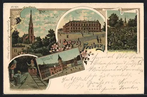 Lithographie Freiberg, Zwerge im Bergwerk, Post, Rathaus mit Obermarkt, Jakobikirche