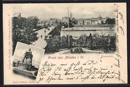 AK Minden i. W., Weserbrücke, Kaiser Wilhelm-Denkmal