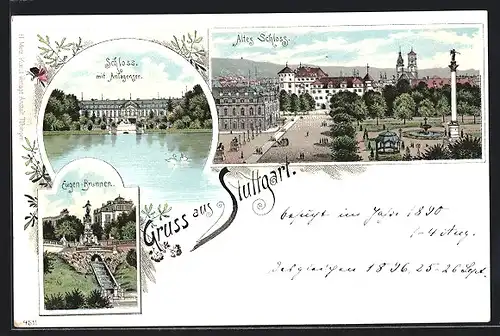 Lithographie Stuttgart, Eugen-Brunnen, Schloss mit Anlagensee, Altes Schloss mit Totalansicht