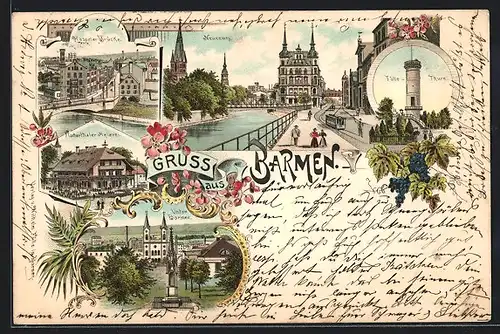 Lithographie Barmen, Unter-Barmen, Fischerthaler Meierei, Haspeler Brücke, Neuenweg, Tölle-Thurm