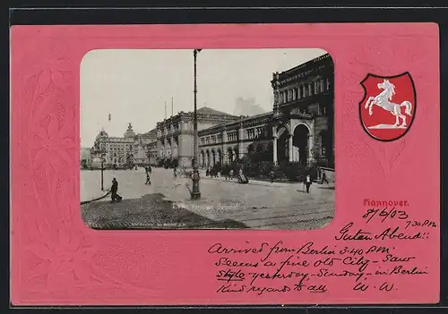 Präge-AK Hannover, Bahnhof, Wappen, Passepartout