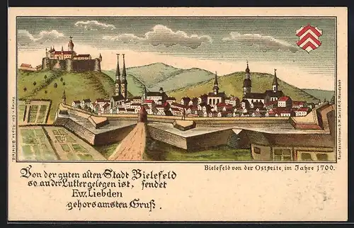 Lithographie Bielefeld, Teilansicht von der Ostseite im Jahre 1700