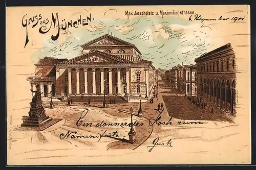 Lithographie München, Max Josephplatz u. Maximilianstrasse