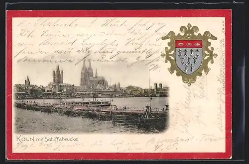 AK Köln, Ortsansicht mit Schiffsbrücke, Wappen