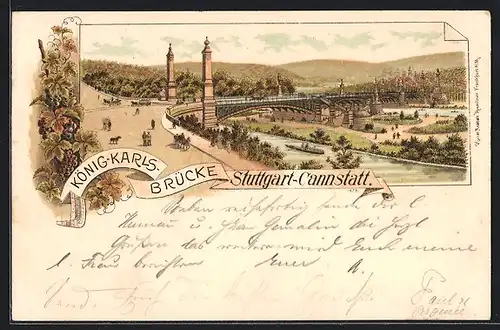 Lithographie Stuttgart-Cannstatt, König-Karls-Brücke