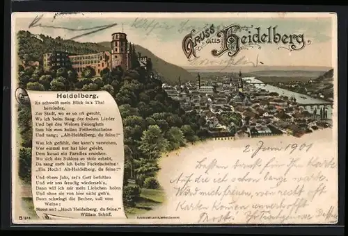 Lithographie Heidelberg, Totalansicht aus der Vogelschau, Gedicht