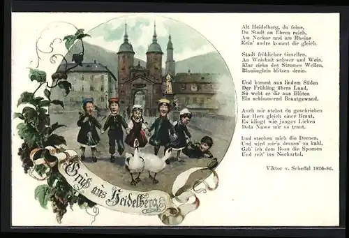 AK Heidelberg, Schüler gehen spazieren, Gedicht v. Scheffel