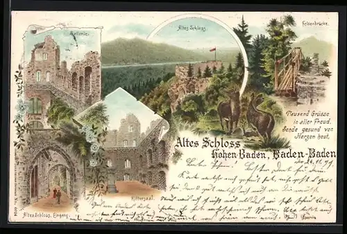 Lithographie Hohenbaden, Altes Schloss, Felsenbrücke, Rittersaal, Rehe