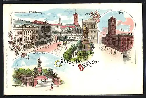 Lithographie Berlin, Alexanderplatz mit Strassenbahn, Rathaus, Luther-Denkmal