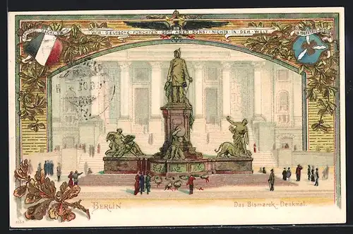 Passepartout-Lithographie Berlin-Tiergarten, Bismarck-Denkmal, Wappen