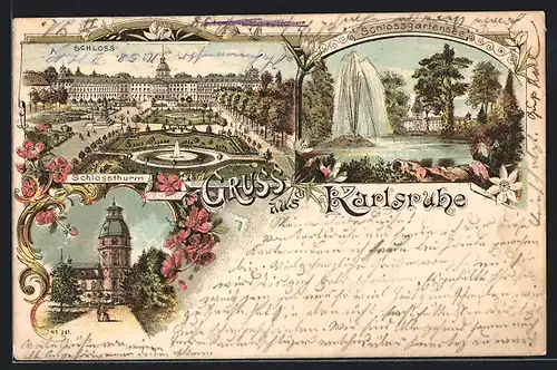 Lithographie Karlsruhe, Schloss, Schlossgartensee, Schlossturm