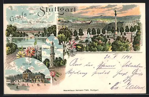 Lithographie Stuttgart, Neues Schloss, Solitude und Schloss mit Anlagen