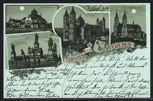 Mondschein-Lithographie Worms, Der Dom, Lutherdenkmal, Festspielhaus