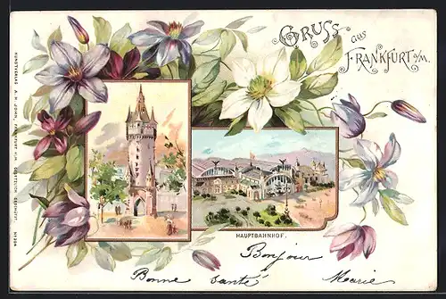 Passepartout-Lithographie Frankfurt /Main, Eschenheimer Thurm, Hauptbahnhof, gerahmt von Klematis