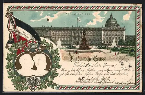 Lithographie Berlin, Königliches Schloss und Kaiserpaar