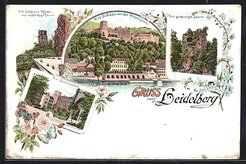 Lithographie Heidelberg, Der Schloss-Altan und achteckige Turm, Der gesprengte Turm, Schlosshof