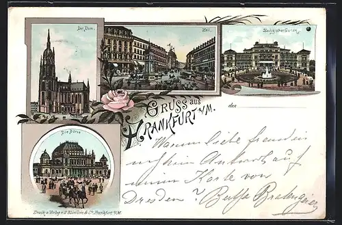 Lithographie Frankfurt a. M., Der Dom, Zeil, Zoologischer Garten, Börse