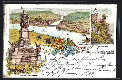 Lithographie Rüdesheim, Bingen von der Rossel, Rheinstein, Niederwald Nationaldenkmal