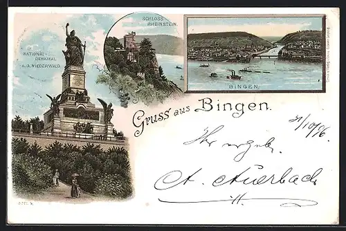 Lithographie Bingen, Teilansicht, Schloss Rheinstein, National-Denkmal a. d. Niederwald