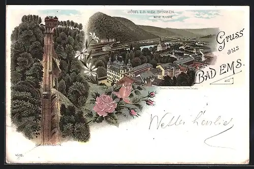 Lithographie Bad Ems, Malbergbahn, Neue Kirche, Hotel z. d. Vier Thürmen