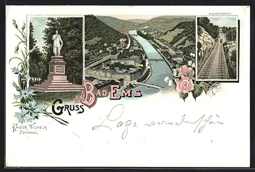 Lithographie Bad Ems, Kaiser Wilhelm Denkmal, Totalansicht, Malbergbahn