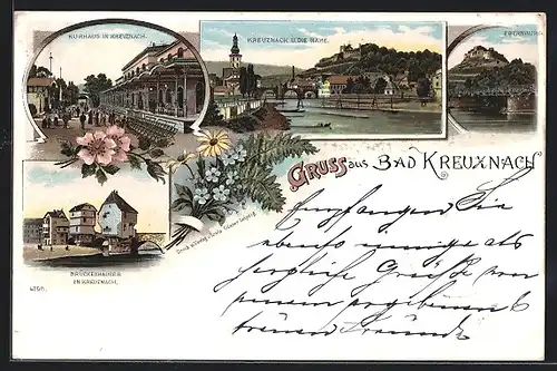 Lithographie Bad Kreuznach, Kurhaus, Brückenhäuser, Ebernburg