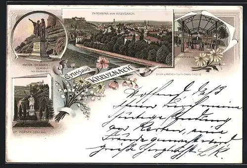 Lithographie Kreuznach, Panorama, Elisabethquelle