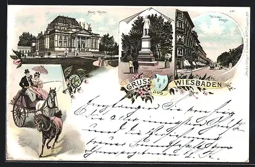 Lithographie Wiesbaden, Neues Theater, Kaiser Wilhelm Denkmal, Wilhelmstrasse