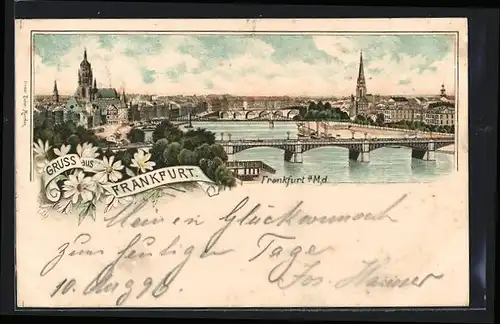 Lithographie Frankfurt a. M., Totalansicht mit Brücke