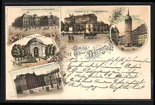 Lithographie Darmstadt, Weisser Thurm, Theater und Kriegerdenkmal, Post und Alexanderpalais