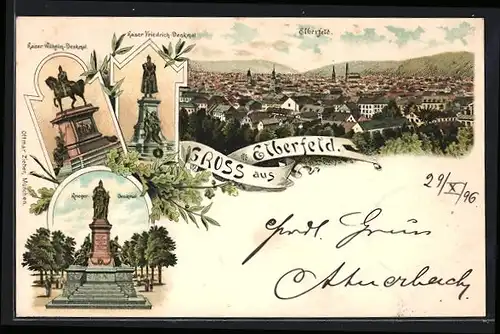 Lithographie Elberfeld, Totalansicht, Kaiser Wilhelm-Denkmal