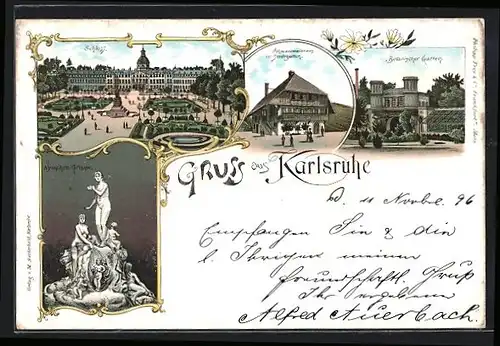 Lithographie Karlsruhe, Schloss, Nymphen-Gruppe, Botanischer Garten