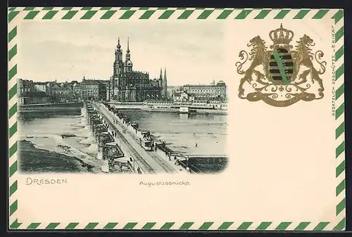 AK Dresden, Augustusbrücke mit Strassenbahn und Wappen