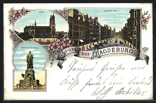 Lithographie Magdeburg, Dom, Breiter Weg, Bismarck-Denkmal
