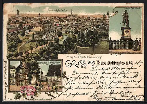 Lithographie Braunschweig, Lessing-Denkmal, Löwensäule auf dem Burg-Platz
