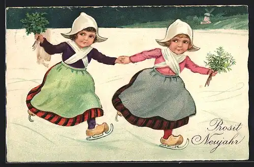 Künstler-AK Mädchen beim Schlittschuhlaufen