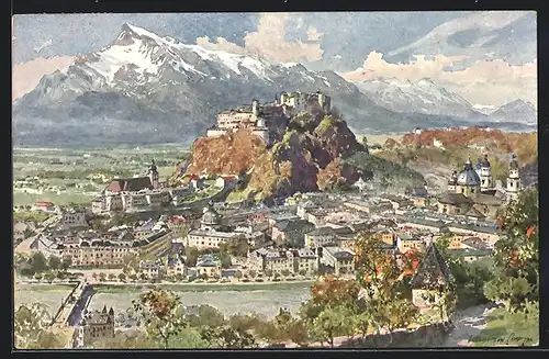 Künstler-AK Edward Harrison Compton: Salzburg, Teilansicht gegen den Untersberg