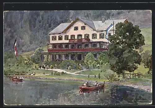 Künstler-AK Urfeld am Walchensee, Wiesmayers Hotel Post und Jäger am See