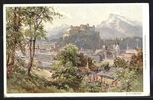 Künstler-AK Edward Theodore Compton: Salzburg, Teilansicht mit Festung Hohensalzburg vom Kapuzinerberg