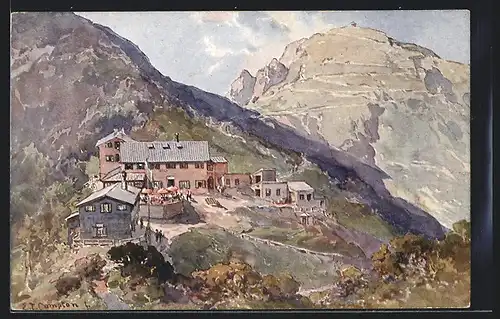 Künstler-AK Edward Theodore Compton: Herzogstand, Totalansicht mit Unterkunftshaus